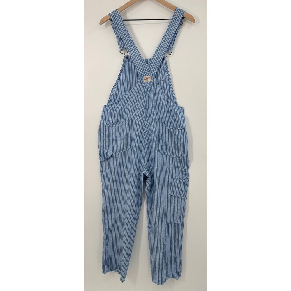 Faherty Blue Linen Mechanic Overalls Skyway Railroad Stripe Jumpsuit Small - Picture 4 of 11